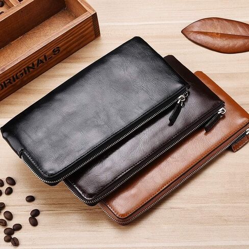 Genuine Leather Long Bifold Wallet for Men, Minimalist, Zip Around Clutch, Travel Purse, Checkbook, Smartphone, Cash (Black) in Saudi Arabia