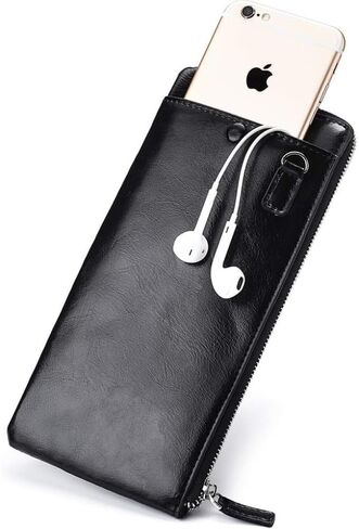Genuine Leather Long Bifold Wallet for Men, Minimalist, Zip Around Clutch, Travel Purse, Checkbook, Smartphone, Cash (Black) in Saudi Arabia