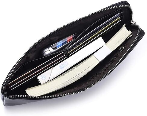 Genuine Leather Long Bifold Wallet for Men, Minimalist, Zip Around Clutch, Travel Purse, Checkbook, Smartphone, Cash (Black) in Saudi Arabia