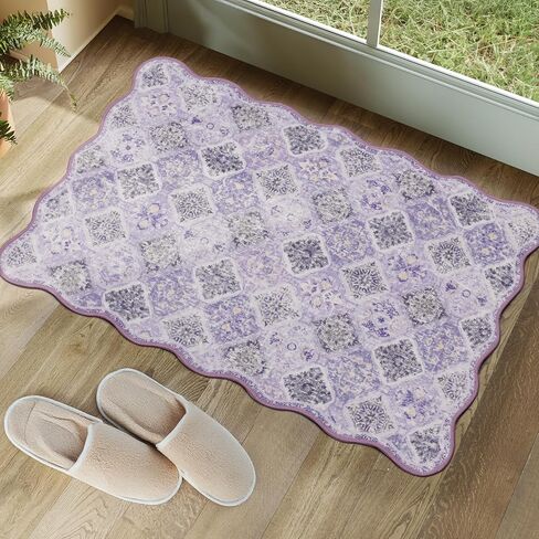 Moroccan 2x6 Rug Runner for Hallways, Unique Scalloped Ultra-Thin Soft Washable Rug, Non-Slip Stain Resistant Lightweight Low-Pile Carpet for Living Room Bedroom Dining Room Office (Purple) in Saudi Arabia