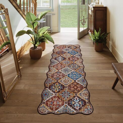 Moroccan 2x6 Rug Runner for Hallways, Unique Scalloped Ultra-Thin Soft Washable Rug, Non-Slip Stain Resistant Lightweight Low-Pile Carpet for Living Room Bedroom Dining Room Office (Purple) in Saudi Arabia