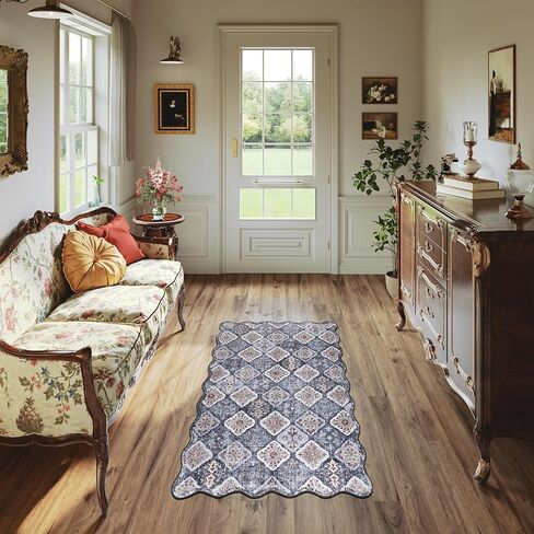 Moroccan 2x6 Rug Runner for Hallways, Unique Scalloped Ultra-Thin Soft Washable Rug, Non-Slip Stain Resistant Lightweight Low-Pile Carpet for Living Room Bedroom Dining Room Office (Purple) in Saudi Arabia