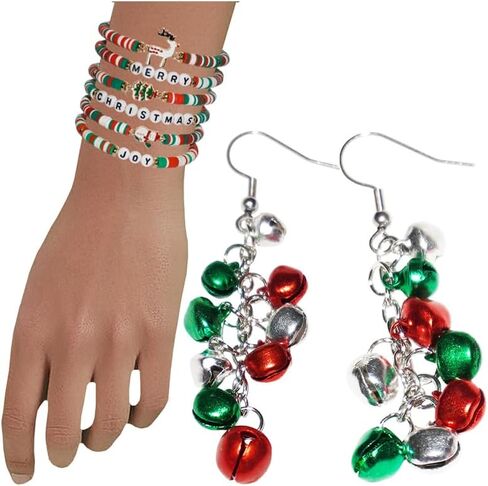 Christmas Bracelet Set for Women, Christmas Elastic Bracelets Necklace Drop Earrings, Bells, Christmas Hats, Santa Claus Christmas Set, Red Green Festival Set for Party in Saudi Arabia
