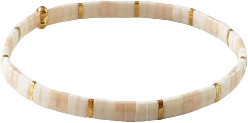 Ivory Gold Beige 7 inch Tile Beaded Stretch Bracelet with Cream Tila Beads in Saudi Arabia