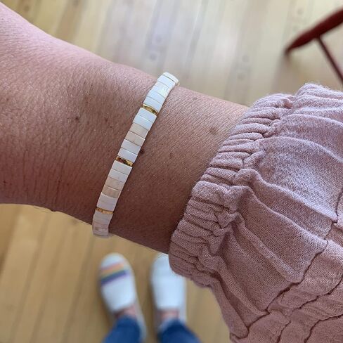Ivory Gold Beige 7 inch Tile Beaded Stretch Bracelet with Cream Tila Beads in Saudi Arabia
