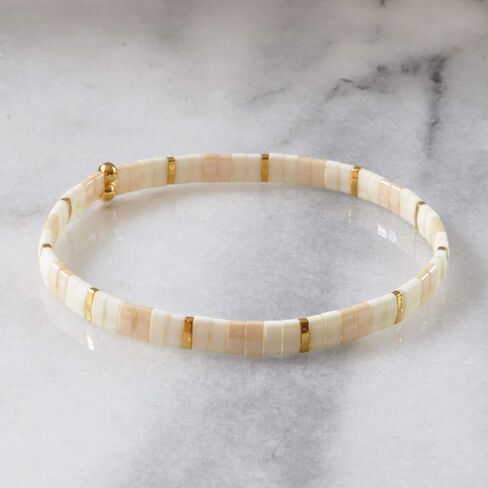 Ivory Gold Beige 7 inch Tile Beaded Stretch Bracelet with Cream Tila Beads in Saudi Arabia