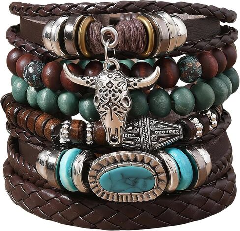 Western Bracelet for Women,Bohemian Cowgirl Turquoise Beaded Stretch Bracelets,Vintage Stackable Bull Head Cowboy Boots Feather Bracelets Set,Country Ethnic Western Jewelry Accessories for Women Men in Saudi Arabia