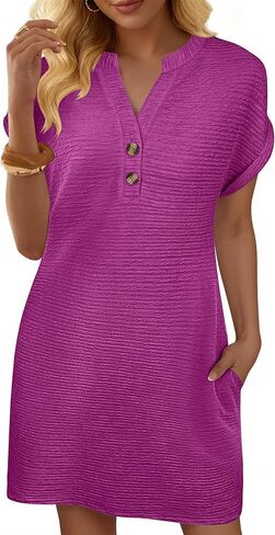 ANRABESS Womens Summer Dresses Casual Short Sleeve V Neck Textured Cute Mini Tshirt Dress 2026 Spring Beach Shift Sundress in Saudi Arabia
