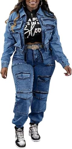 Tbahhir Womens 2 Piece Sets Denim Outfits Long Sleeve Crop Jean Jackets Cargo Pants with Pockets Y2k in Kuwait