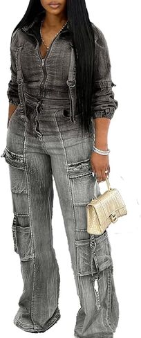 Tbahhir Womens 2 Piece Sets Denim Outfits Long Sleeve Crop Jean Jackets Cargo Pants with Pockets Y2k in Kuwait