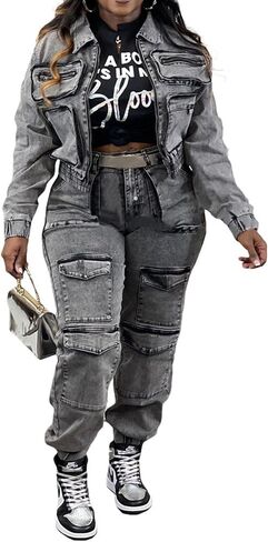 Tbahhir Womens 2 Piece Sets Denim Outfits Long Sleeve Crop Jean Jackets Cargo Pants with Pockets Y2k in Kuwait