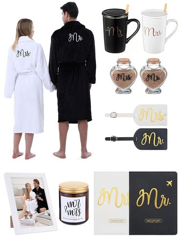 Jecery 12 Pcs His and Hers Gifts for Couples Mr and Mrs Bathrobes Flannel Embroidered Matching Robes Coffee Cups Wedding Engagement Honeymoon Essentials Anniversary Valentine Travel Gift Set in Saudi Arabia