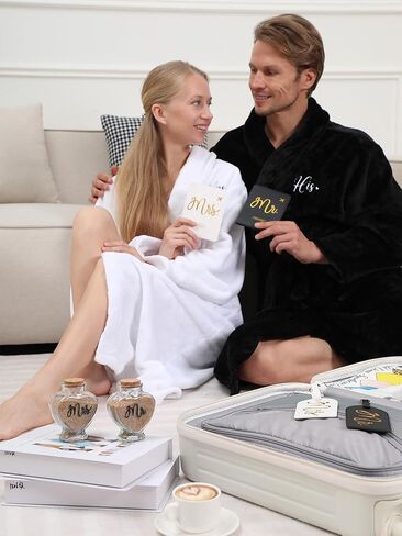 Jecery 12 Pcs His and Hers Gifts for Couples Mr and Mrs Bathrobes Flannel Embroidered Matching Robes Coffee Cups Wedding Engagement Honeymoon Essentials Anniversary Valentine Travel Gift Set in Saudi Arabia