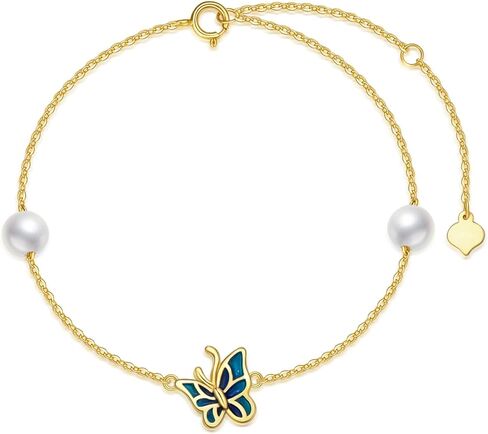 SISGEM 14K Real Gold Butterfly Bracelet for Women,Yellow Gold Created 5 MM Pearl Butterfly Drop Bracelets Jewelry Christmas Birthday Gifts for Her 6.5''+2'' in Saudi Arabia