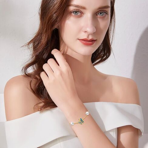 SISGEM 14K Real Gold Butterfly Bracelet for Women,Yellow Gold Created 5 MM Pearl Butterfly Drop Bracelets Jewelry Christmas Birthday Gifts for Her 6.5''+2'' in Saudi Arabia