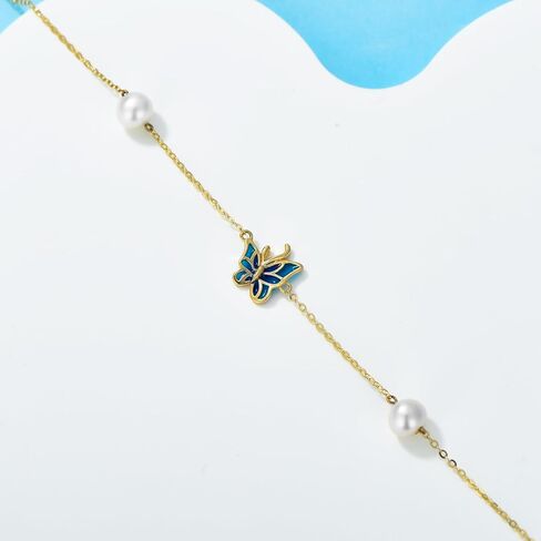SISGEM 14K Real Gold Butterfly Bracelet for Women,Yellow Gold Created 5 MM Pearl Butterfly Drop Bracelets Jewelry Christmas Birthday Gifts for Her 6.5''+2'' in Saudi Arabia