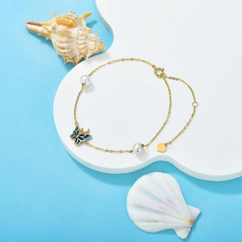 SISGEM 14K Real Gold Butterfly Bracelet for Women,Yellow Gold Created 5 MM Pearl Butterfly Drop Bracelets Jewelry Christmas Birthday Gifts for Her 6.5''+2'' in Saudi Arabia