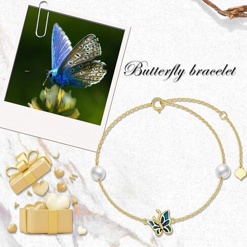 SISGEM 14K Real Gold Butterfly Bracelet for Women,Yellow Gold Created 5 MM Pearl Butterfly Drop Bracelets Jewelry Christmas Birthday Gifts for Her 6.5''+2'' in Saudi Arabia