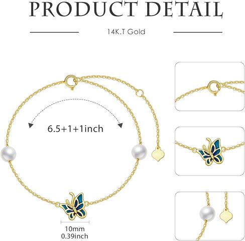 SISGEM 14K Real Gold Butterfly Bracelet for Women,Yellow Gold Created 5 MM Pearl Butterfly Drop Bracelets Jewelry Christmas Birthday Gifts for Her 6.5''+2'' in Saudi Arabia