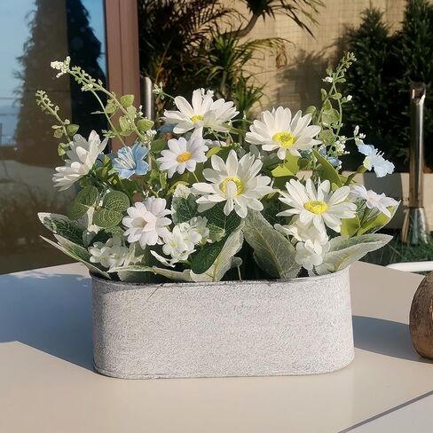 Floral Centerpieces for Tables, 12 Inch Small Artificial Flowers in Metal Pot with White Daisy Arrangement, Farmhouse Fake Potted Faux Plant for Spring Summer All Season Indoor Outdoor Decor in Saudi Arabia
