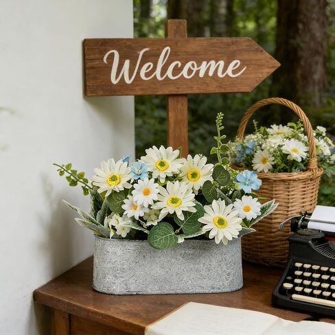 Floral Centerpieces for Tables, 12 Inch Small Artificial Flowers in Metal Pot with White Daisy Arrangement, Farmhouse Fake Potted Faux Plant for Spring Summer All Season Indoor Outdoor Decor in Saudi Arabia