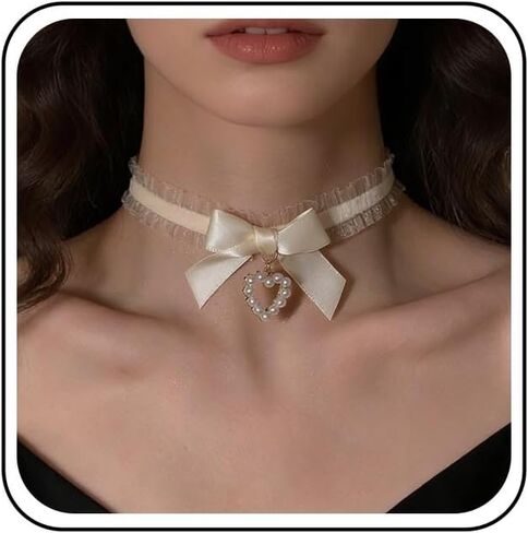 Vintage White Lace Choker Necklace Pearl Heart Pendant Necklace Gothic Lace Bow Collar Necklace Lolita Bowknot Lace Necklace Jewelry for Women in Kuwait