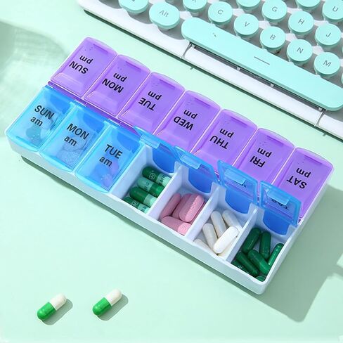 Generic منظم حبوب الدواء الأسبوعي يوميًا صباحًا ومساءً، حاوية دواء مرتين في اليوم، صندوق حبوب الدواء بسعة كبيرة لزيوت السمك، حامل مكملات وموزع حبوب الفيتامينات in Saudi Arabia