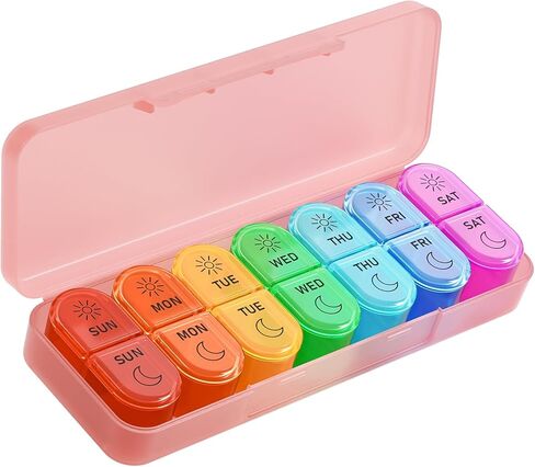 7-Day Pill Box Case for AM PM Medication Management - Portable Travel Medicine Manager Box with Ample Space for Pills, Vitamins, Fish Oil, and Supplements, Perfect for Arthritis Patients. (Pink) in Saudi Arabia