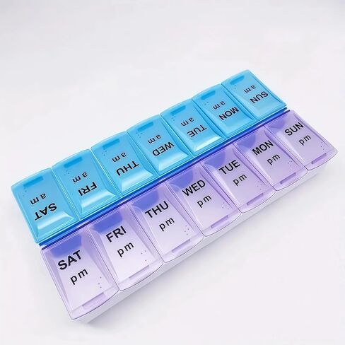 7-Day Pill Organizer with Dual-Color Compartments Purple & Blue - Food-Safe Polypropylene Weekly Medication & Vitamin Storage Box, Travel-Friendly Portable Design in Saudi Arabia
