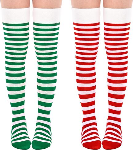 Christmas Striped Thigh High Socks for Women Xmas Green Red White Striped Long Socks Stockings for Christmas Costume,2 Pack in Saudi Arabia