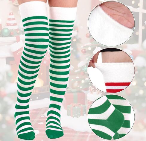 Christmas Striped Thigh High Socks for Women Xmas Green Red White Striped Long Socks Stockings for Christmas Costume,2 Pack in Saudi Arabia