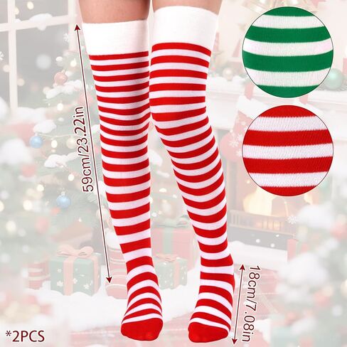 Christmas Striped Thigh High Socks for Women Xmas Green Red White Striped Long Socks Stockings for Christmas Costume,2 Pack in Saudi Arabia