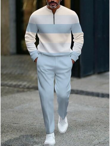 Men's fashion casual shirt jogging pants two-piece set, half zip long sleeved top pants sports set in Saudi Arabia