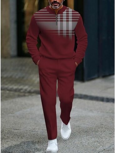 Men's fashion casual shirt jogging pants two-piece set, half zip long sleeved top pants sports set in Saudi Arabia