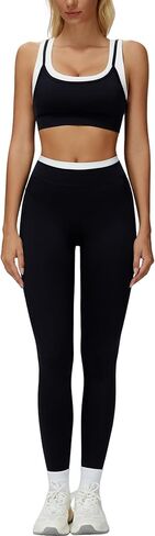 Women 2 Piece Workout U Back Color Block Sports Bra High Waist Active Leggings Yoga Pilates Outfits in Saudi Arabia