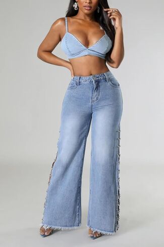 Vakkest Women's High Waist Rhinestone Jeans Diamond Lace Up Hollow Out Split Denim Pants Fringe Hem Wide Leg Trouser in Kuwait
