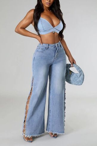 Vakkest Women's High Waist Rhinestone Jeans Diamond Lace Up Hollow Out Split Denim Pants Fringe Hem Wide Leg Trouser in Kuwait