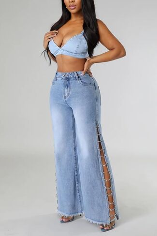 Vakkest Women's High Waist Rhinestone Jeans Diamond Lace Up Hollow Out Split Denim Pants Fringe Hem Wide Leg Trouser in Kuwait