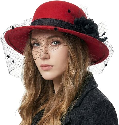 Woolen Fedora Hats for Women, Classic Flower Wide Brim Bowler Felt Top Hat with Veil Winter Church Derby Party Cap in Kuwait