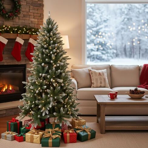 Alberta 4.5ft Frosted Prelit Artificial Christmas Tree with 679 Branch Tips, 200 Warm Lights and Metal Stand, 36" Wide Realistic Lightly Snow Flocked Christmas Tree with Lights by Naomi Home in Saudi Arabia