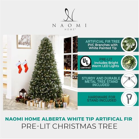 Alberta 4.5ft Frosted Prelit Artificial Christmas Tree with 679 Branch Tips, 200 Warm Lights and Metal Stand, 36" Wide Realistic Lightly Snow Flocked Christmas Tree with Lights by Naomi Home in Saudi Arabia