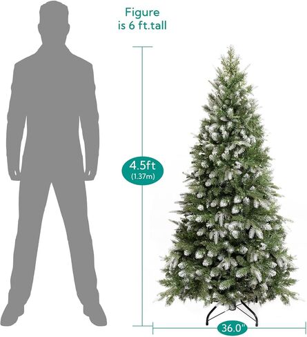 Alberta 4.5ft Frosted Prelit Artificial Christmas Tree with 679 Branch Tips, 200 Warm Lights and Metal Stand, 36" Wide Realistic Lightly Snow Flocked Christmas Tree with Lights by Naomi Home in Saudi Arabia