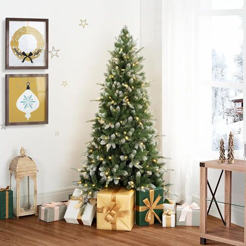 Alberta 4.5ft Frosted Prelit Artificial Christmas Tree with 679 Branch Tips, 200 Warm Lights and Metal Stand, 36" Wide Realistic Lightly Snow Flocked Christmas Tree with Lights by Naomi Home in Saudi Arabia