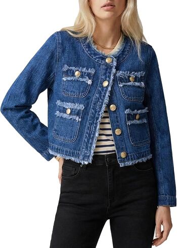 Ladyful Women's Cropped Denim Jacket Frayed Collarless Button Down Long Sleeve Pockets Jean Coat in Kuwait
