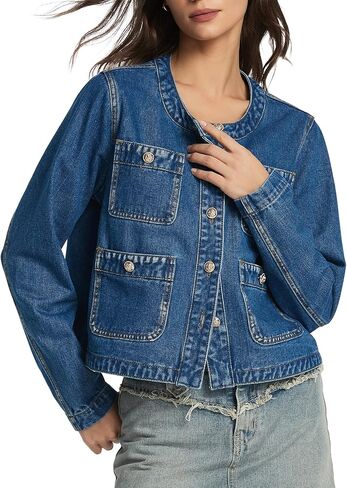Ladyful Women's Cropped Denim Jacket Frayed Collarless Button Down Long Sleeve Pockets Jean Coat in Kuwait
