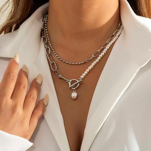 Gold/Silver Layered Pendant Necklaces for Women Baroque Chunky Beaded Pearl Choker Necklace Retro Paperclip Stacked Chain Toggle Clasp Statement Jewelry Trend Birthday Christmas Gifts for Women 33.5" in Saudi Arabia