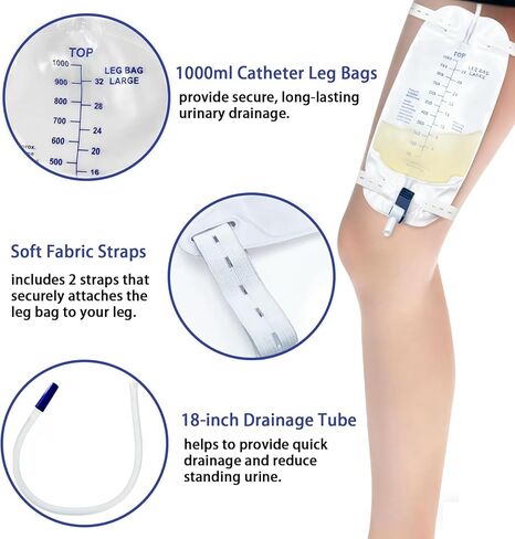 5 Pack Urinary Leg Bag 1000ML, Catheter Bags with Anti-Reflux Valve & 18" Anti-Kink Tube, Cloth Straps, Easy Flip Drain in Saudi Arabia