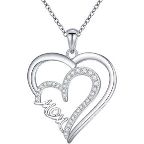 FLYOW Mothers Necklace 925 Sterling Silver Mother and Child Lab Opal Heart Pendant for Women Mother Daughter, Adjustable Hug Necklace New Mum Gifts