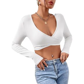 Verdusa Women's Deep V Neck Long Sleeve Slim Fitted Tee Crop Top T Shirt