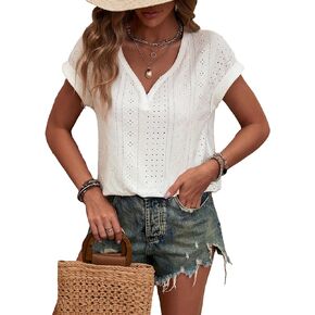 SweatyRocks Women's Button Front V Neck Rolled Sleeve Eyelet Embroidery Tee Shirt Tops